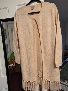 Chicos Peach Lace Fringe Open Cardigan